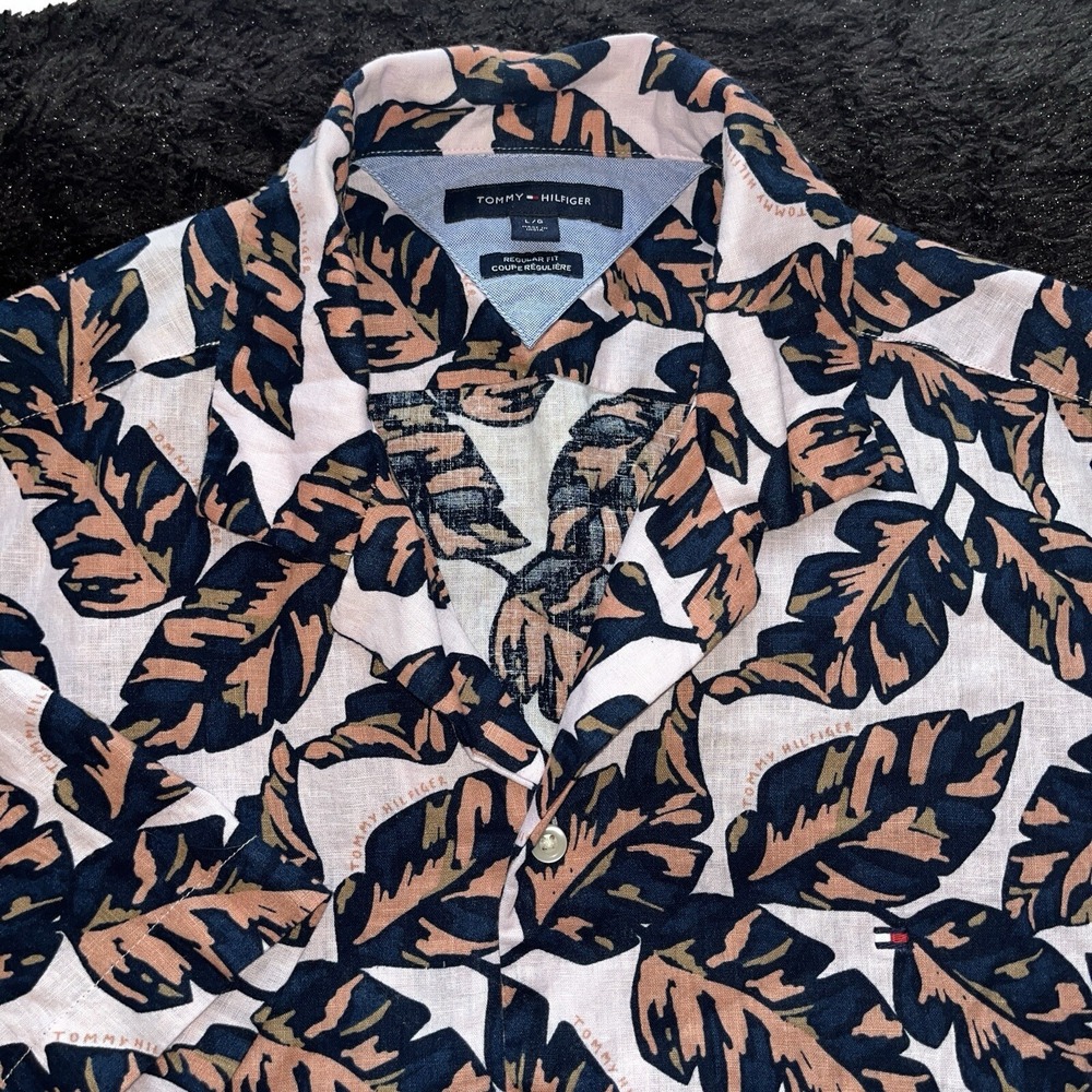 TOMMY HILFIGER Shirt Mens L Linen Cotton Tropical Leaf Print Camp‎ Short Sleeve